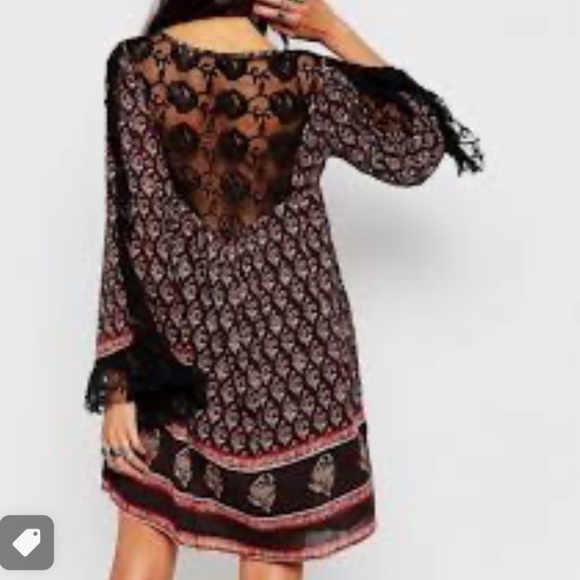 Free People Nomad Child Boho Dress Sexy Lace back fringe Dark Floral S Oversized - Picture 1 of 16